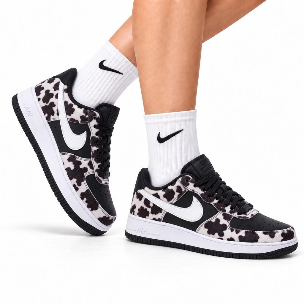 Nike Air Force 1 Low Black White Cow Print Unisex Sneakers Style 05