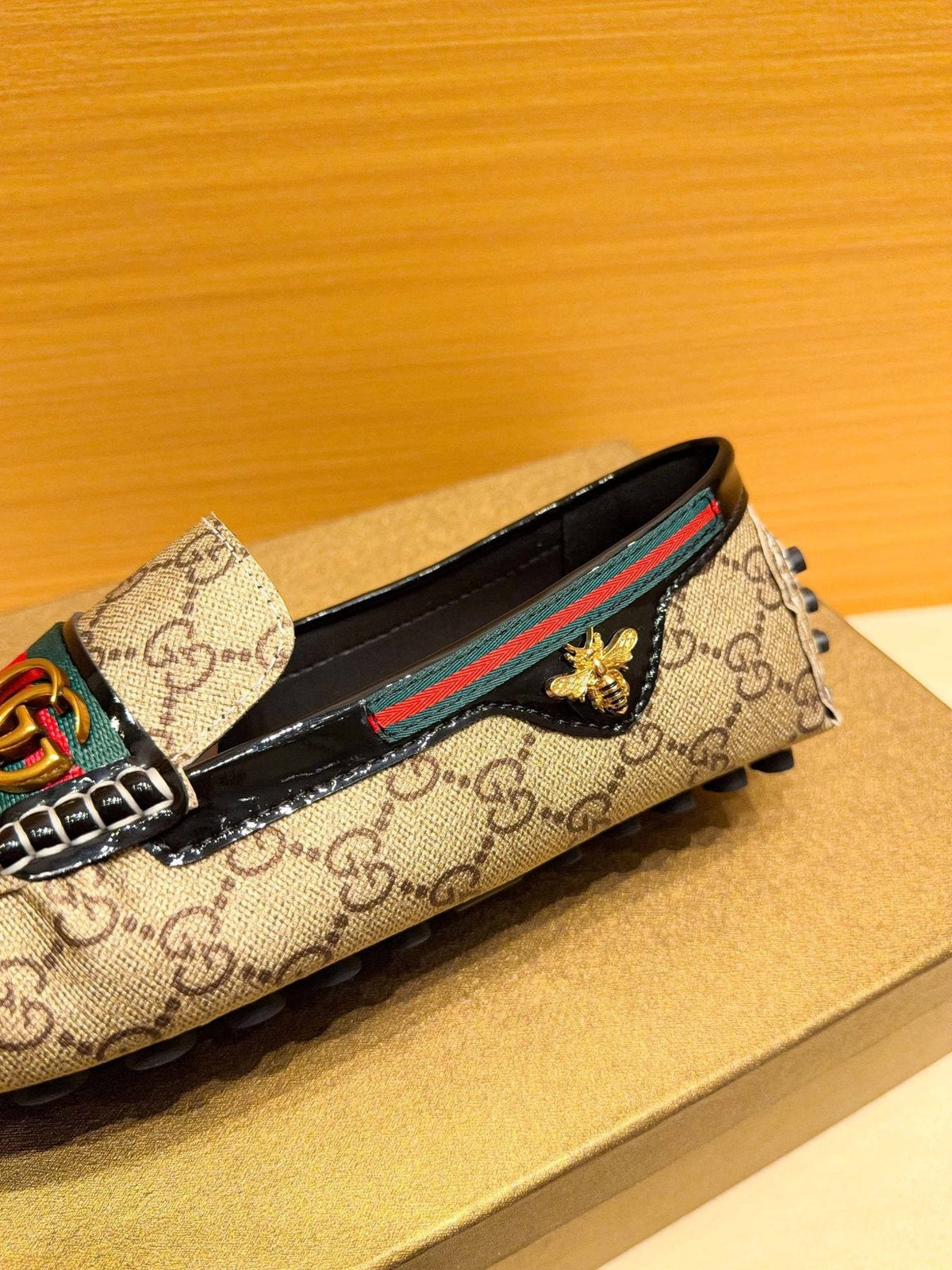 Gucci Beige Monogram Stripe Loafers