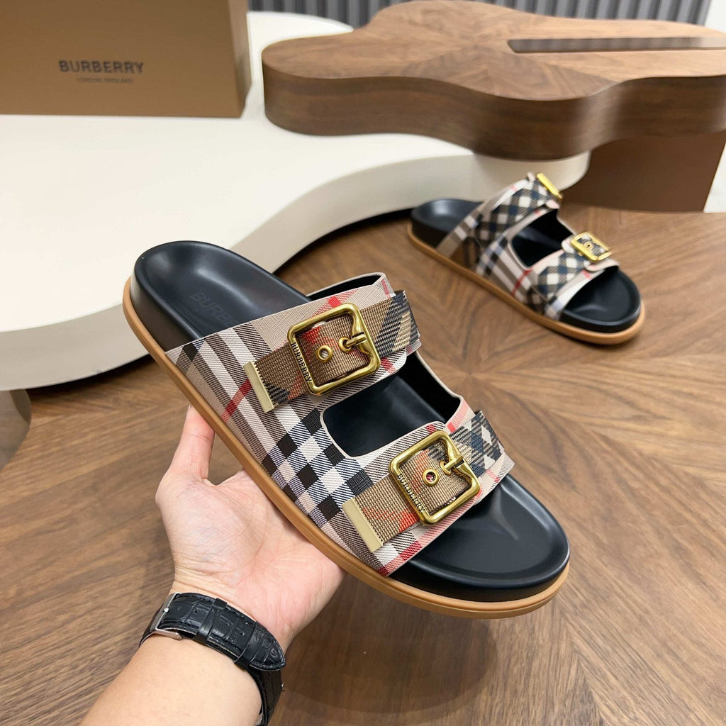 Burberry Plaid Two-Buckle Slide Sandals
